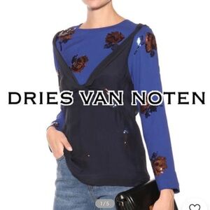 Dries Van Noten Blue Floral Sequined Blouse Under Sheer Silk Tank Camisole